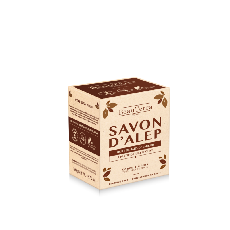 Notre véritable savon solide d'Alep, fabriqué traditionnellement en Syrie avec 100% d'ingrédients d'origine naturelle est idéal pour nettoyer tous les types de peaux